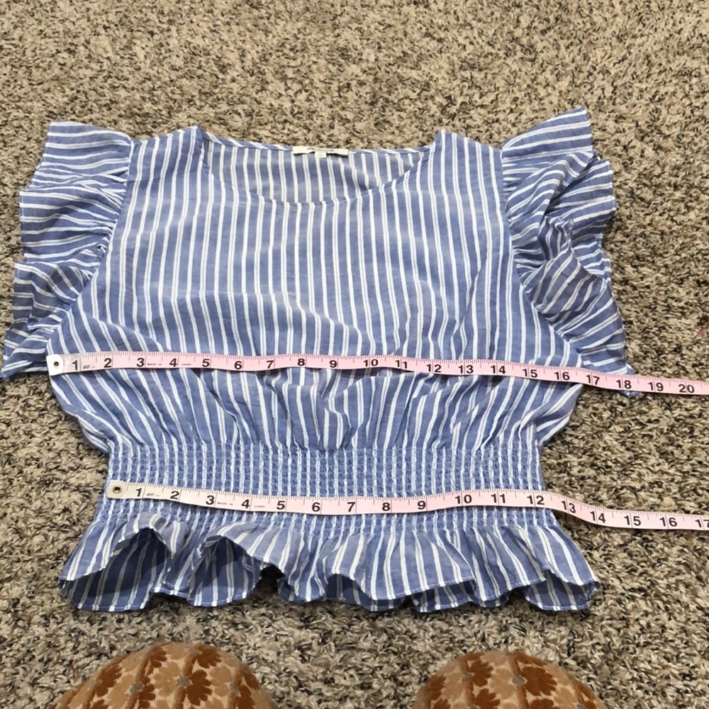 SOLD Madewell Flutter Sleeve Top Size XS Blue White Striped Ruffle Peplum Hem - Picture 7 of 8